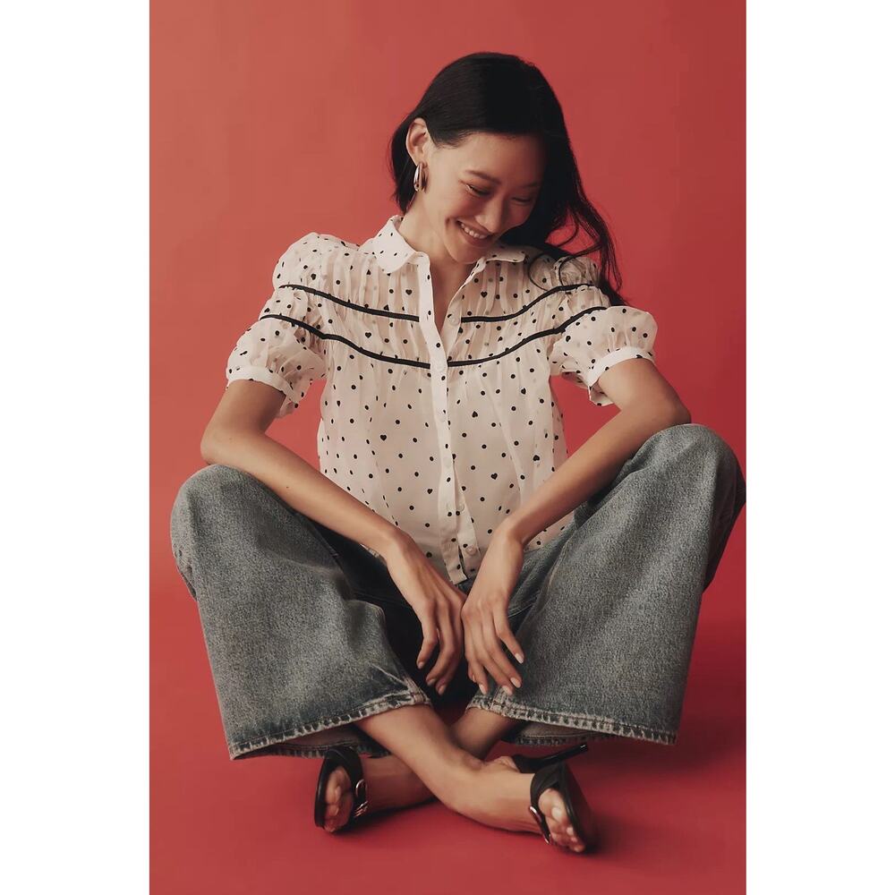 ANTHROPOLOGIE Maeve The Leandra Shirred Yoke Blouse Black & White Sheer XL $128